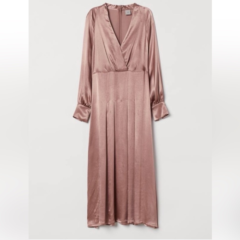 H&M Pink Pleated Ruched Gown with Bishop Sleeves